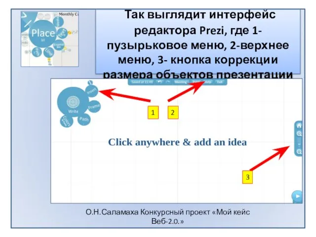 Так выглядит интерфейс редактора Prezi, где 1-пузырьковое меню, 2-верхнее меню, 3- кнопка