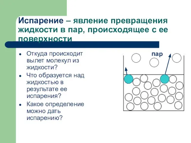 Испарение – явление превращения жидкости в пар, происходящее с ее поверхности Откуда