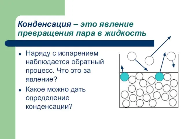 Конденсация – это явление превращения пара в жидкость Наряду с испарением наблюдается