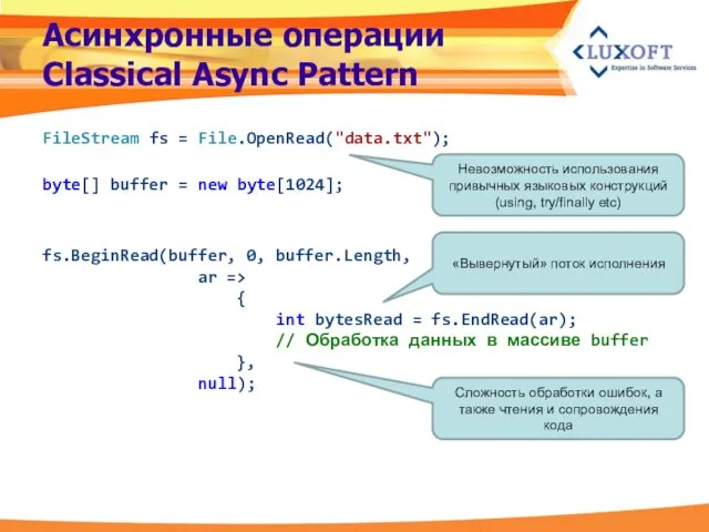 Асинхронные операции Classical Async Pattern FileStream fs = File.OpenRead("data.txt"); byte[] buffer =