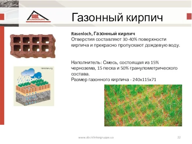 www.abc-klinkergruppe.ua Газонный кирпич Rasenloch, Газонный кирпич Отверстия составляют 30-40% поверхности кирпича и