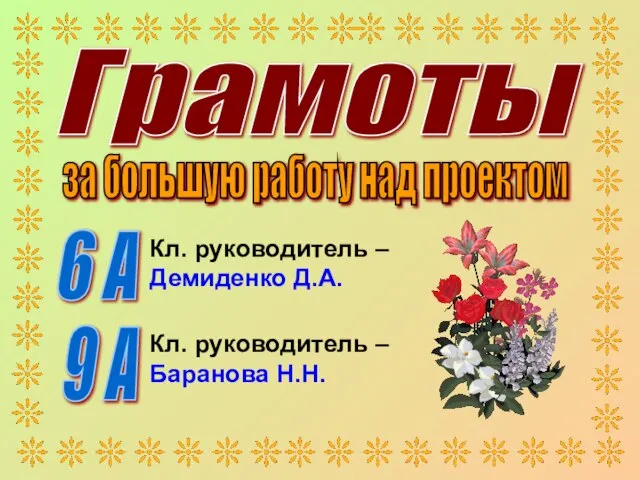 Грамоты 9 А Кл. руководитель – Демиденко Д.А. 6 А Кл. руководитель