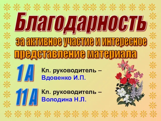 Благодарность 1 А 11 А Кл. руководитель – Вдовенко И.П. Кл. руководитель