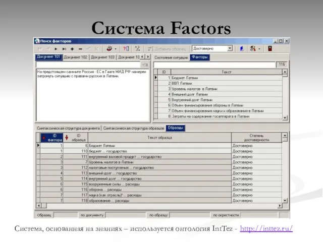 Система Factors Система, основанная на знаниях – используется онтология IntTez - http://inttez.ru/