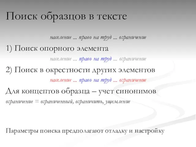 Поиск образцов в тексте население ... право на труд ... ограничение 1)