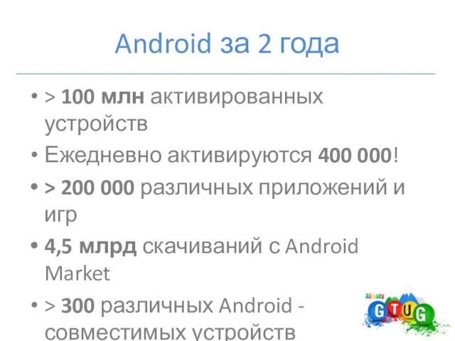 Android за 2 года > 100 млн активированных устройств Ежедневно активируются 400