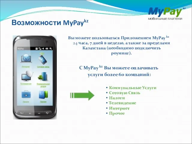 Возможности MyPaykz Вы можете пользоваться Приложением MyPay kz 24 часа, 7 дней
