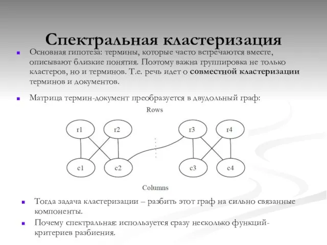 Спектральная кластеризация Основная гипотеза: термины, которые часто встречаются вместе, описывают близкие понятия.