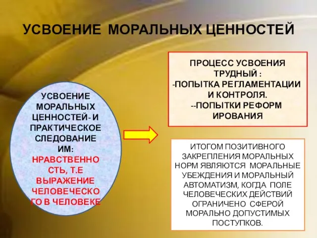 УСВОЕНИЕ МОРАЛЬНЫХ ЦЕННОСТЕЙ УСВОЕНИЕ МОРАЛЬНЫХ ЦЕННОСТЕЙ- И ПРАКТИЧЕСКОЕ СЛЕДОВАНИЕ ИМ: НРАВСТВЕННОСТЬ, Т.Е