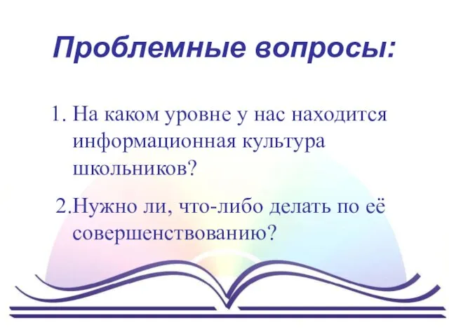 Проблемные вопросы: На каком уровне у нас находится информационная культура школьников? 2.Нужно