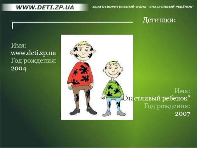 Детишки: Имя: www.deti.zp.ua Год рождения: 2004 Имя: "Счастливый ребенок" Год рождения: 2007