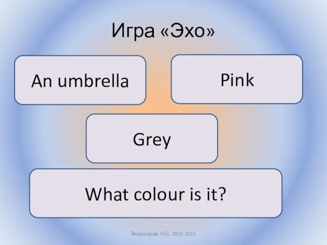 Игра «Эхо» Воронцова Н.С. 2011-2012 An umbrella Pink Grey What colour is it?