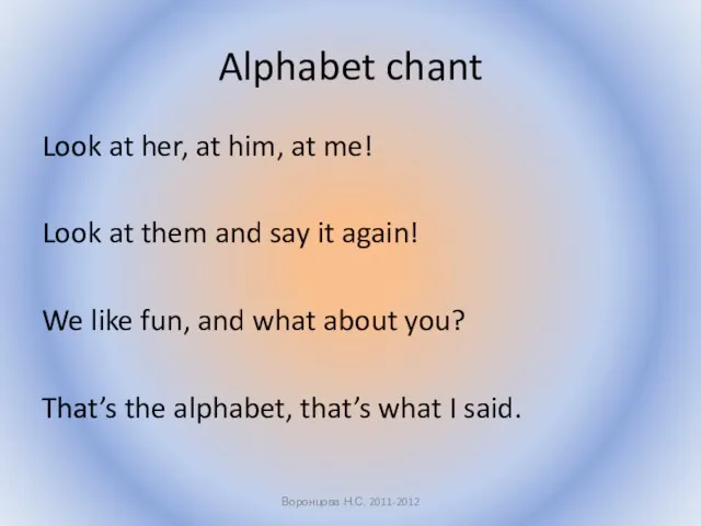 Alphabet chant Look at her, at him, at me! Look at them