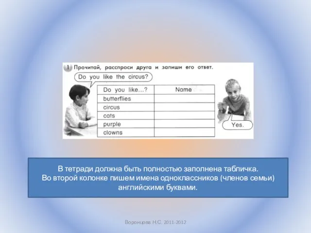 Воронцова Н.С. 2011-2012 В тетради должна быть полностью заполнена табличка. Во второй