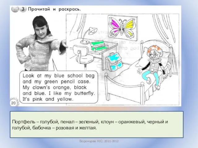 Воронцова Н.С. 2011-2012 Портфель – голубой, пенал – зеленый, клоун – оранжевый,