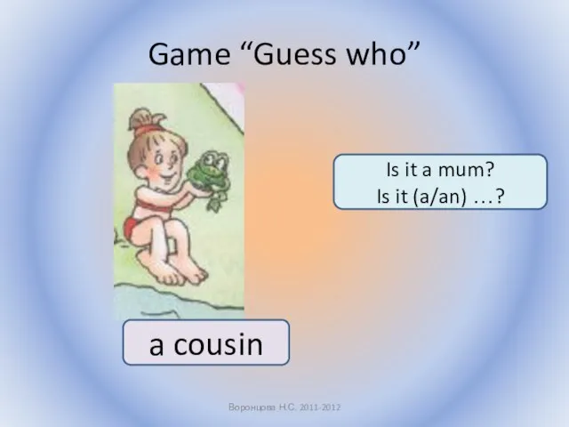 Game “Guess who” Воронцова Н.С. 2011-2012 Is it a mum? Is it (a/an) …? a cousin