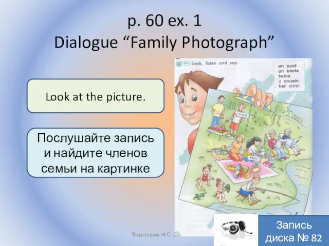 p. 60 ex. 1 Dialogue “Family Photograph” Воронцова Н.С. 2011-2012 Look at