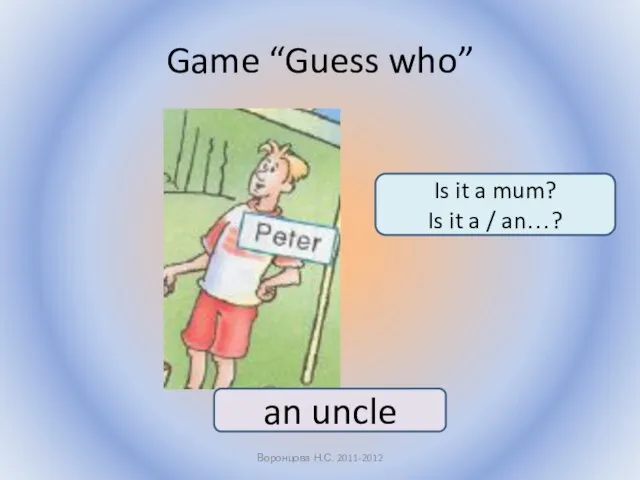 Game “Guess who” Воронцова Н.С. 2011-2012 an uncle Is it a mum?