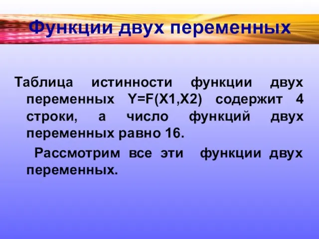 Функции двух переменных Таблица истинности функции двух переменных Y=F(X1,Х2) содержит 4 строки,