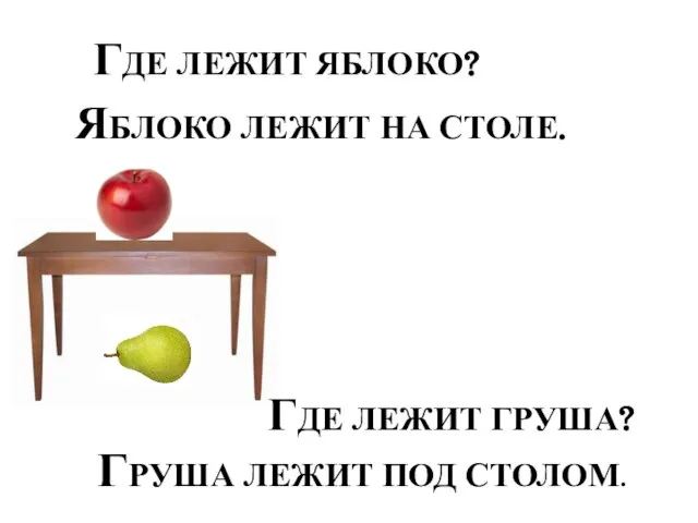 ГДЕ ЛЕЖИТ ЯБЛОКО? ГРУША ЛЕЖИТ ПОД СТОЛОМ. ЯБЛОКО ЛЕЖИТ НА СТОЛЕ. ГДЕ ЛЕЖИТ ГРУША?