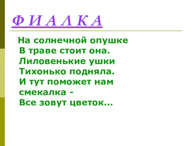 Ф И А Л К А На солнечной опушке В траве стоит