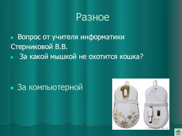 Разное Вопрос от учителя информатики Стерниковой В.В. За какой мышкой не охотится кошка? За компьютерной