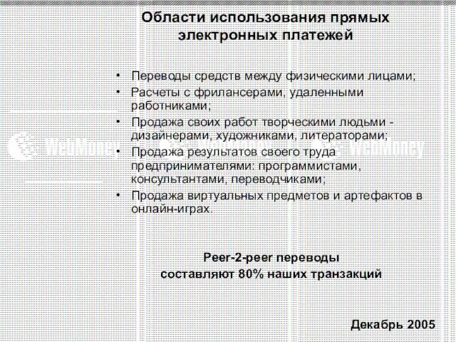 Области использования прямых электронных платежей Переводы средств между физическими лицами; Расчеты с