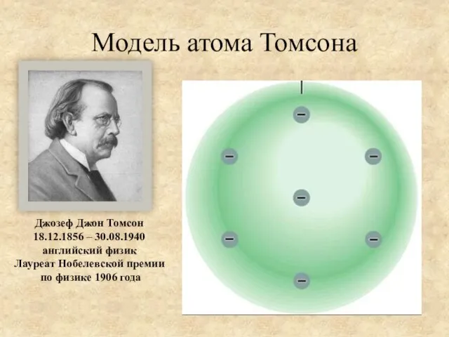 Модель атома Томсона Джозеф Джон Томсон 18.12.1856 – 30.08.1940 английский физик Лауреат