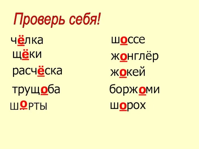 Проверь себя! ч..лка щ..ки расч..ска трущ..ба Ш.. РТЫ ш..рох ш..ссе ж..нглёр ж..кей