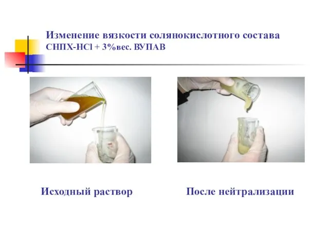 Изменение вязкости солянокислотного состава СНПХ-НCl + 3%вес. ВУПАВ Исходный раствор После нейтрализации