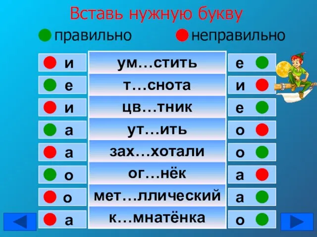 Вставь нужную букву правильно неправильно е и и а а о о