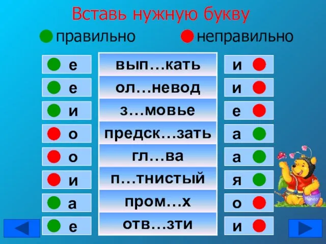 Вставь нужную букву правильно неправильно е е и о о и а