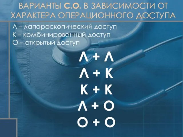 Л – лапароскопический доступ К – комбинированный доступ О – открытый доступ