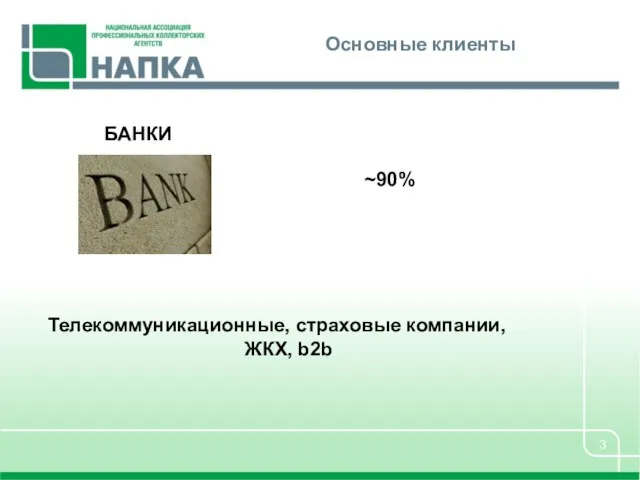 Основные клиенты БАНКИ ~90% Телекоммуникационные, страховые компании, ЖКХ, b2b