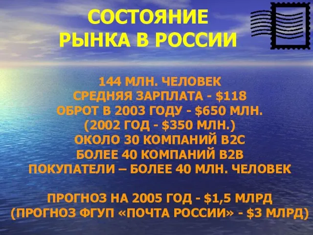 СОСТОЯНИЕ РЫНКА В РОССИИ 144 МЛН. ЧЕЛОВЕК СРЕДНЯЯ ЗАРПЛАТА - $118 ОБРОТ