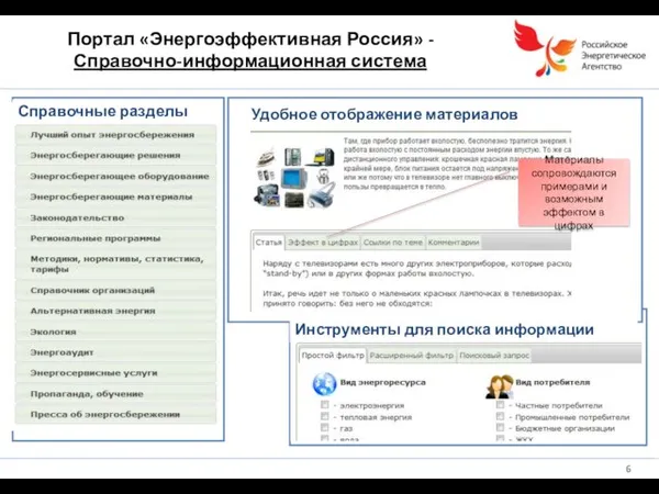 Портал «Энергоэффективная Россия» - Справочно-информационная система Удобное отображение материалов Инструменты для поиска