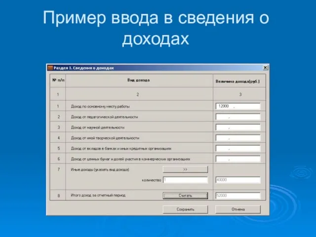 Пример ввода в сведения о доходах