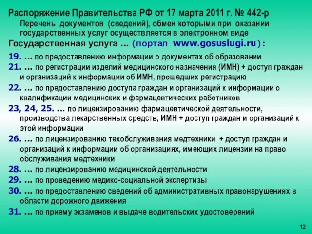 Распоряжение Правительства РФ от 17 марта 2011 г. № 442-р Перечень документов