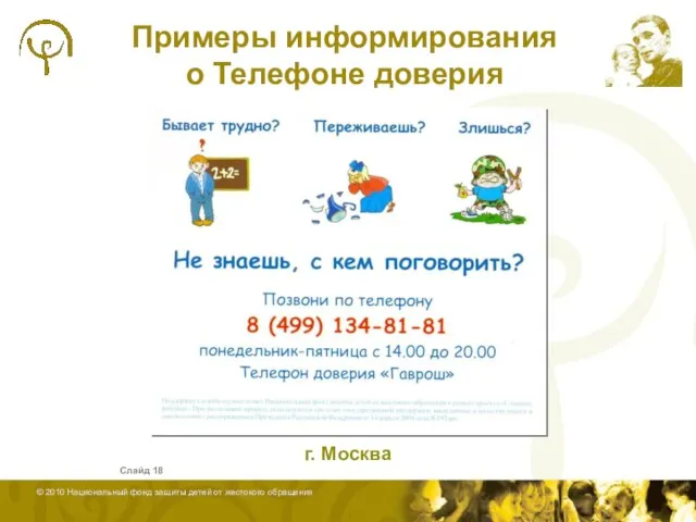 Примеры информирования о Телефоне доверия Слайд г. Москва