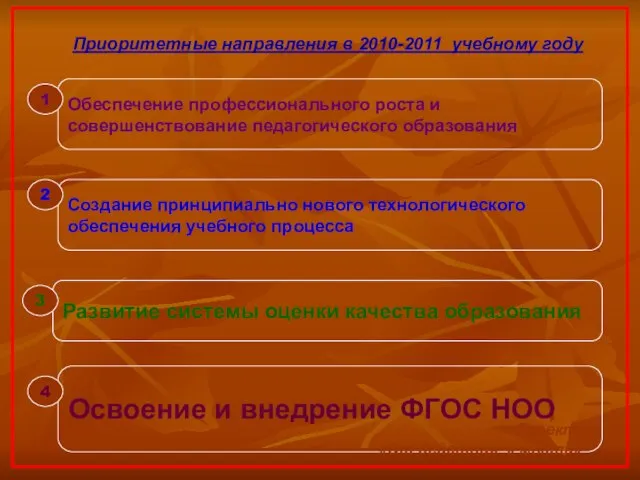 Приоритетные направления в 2010-2011 учебному году Обеспечение профессионального роста и совершенствование педагогического