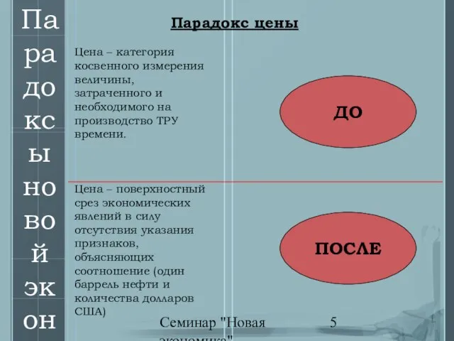 Семинар "Новая экономика" Парадоксы новой экономики Цена – категория косвенного измерения величины,