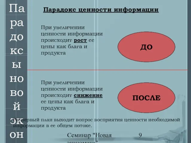 Семинар "Новая экономика" Парадоксы новой экономики При увеличении ценности информации происходит рост