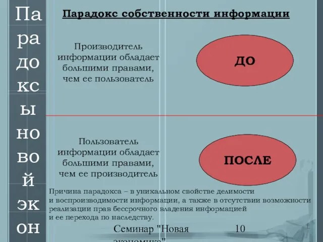 Семинар "Новая экономика" Парадоксы новой экономики Производитель информации обладает большими правами, чем