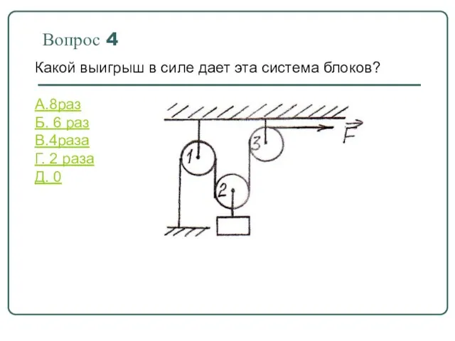 Вопрос 4 Какой выигрыш в силе дает эта система блоков? A.8раз Б.