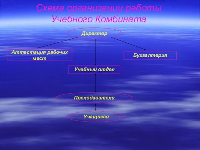 Директор Бухгалтерия Учебный отдел Преподаватели Учащиеся Схема организации работы Учебного Комбината Аттестация рабочих мест