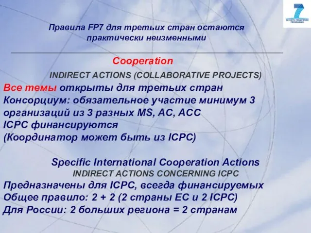 Сooperation INDIRECT ACTIONS (COLLABORATIVE PROJECTS) Все темы открыты для третьих стран Консорциум: