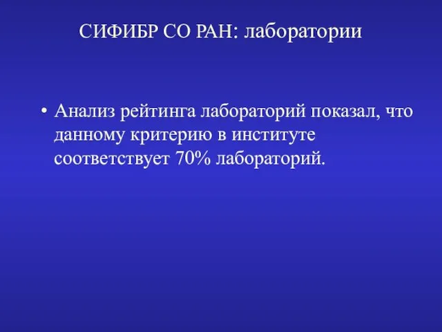 СИФИБР СО РАН: лаборатории Анализ рейтинга лабораторий показал, что данному критерию в институте соответствует 70% лабораторий.