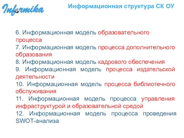 Информационная структура СК ОУ 6. Информационная модель образовательного процесса 7. Информационная модель