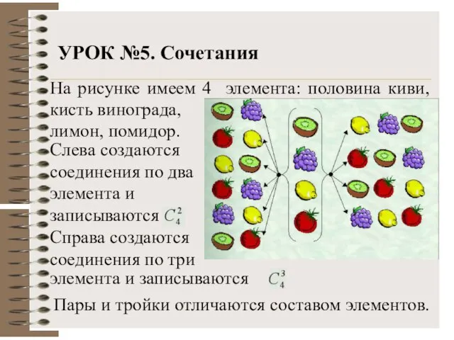 УРОК №5. Сочетания На рисунке имеем 4 элемента: половина киви, кисть винограда,