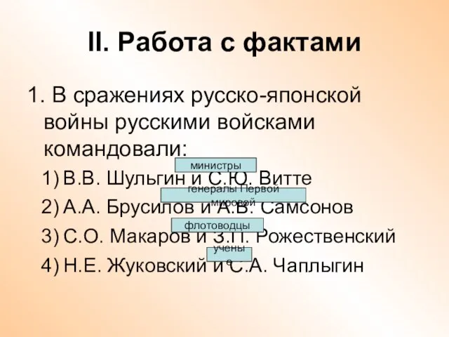 II. Работа с фактами 1. В сражениях русско-японской войны русскими войсками командовали: